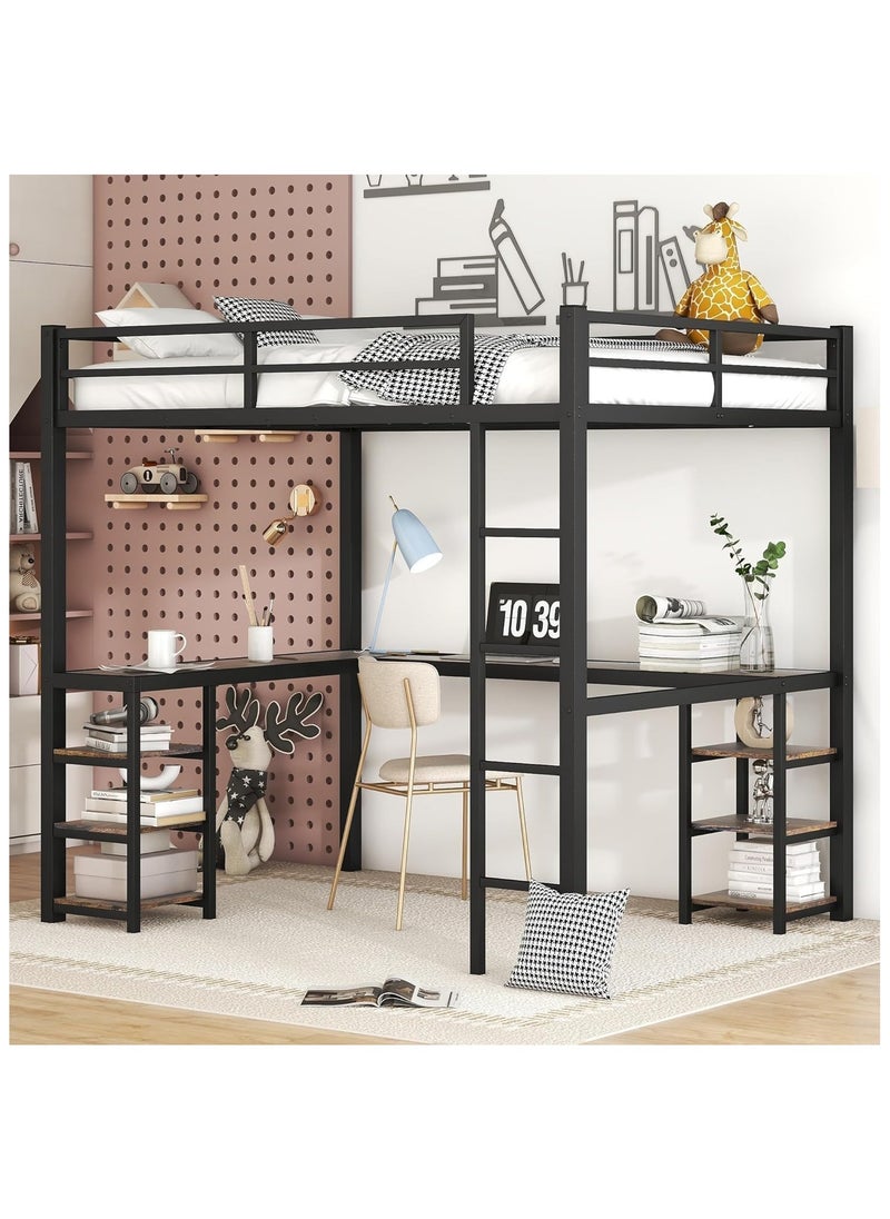 NOAEOU - Designs Metal Loft Bed, Furniture with L-Shape Desk and 6 Shelves, Space Saving Full Loft Bed with Desk Underneath for Kids,Teens,Girls,Boys,Black - Image 1