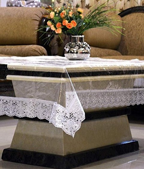 DasHomes PVC Transparent Square Center Table Cover with Silver Lace Size 48x48 inches Transparent Cover for Square Center Table of 3x3ft Size