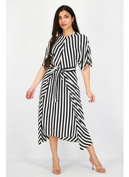 Women Crew Neck Shorts Sleeve Stripe Midi Dress, White and Black