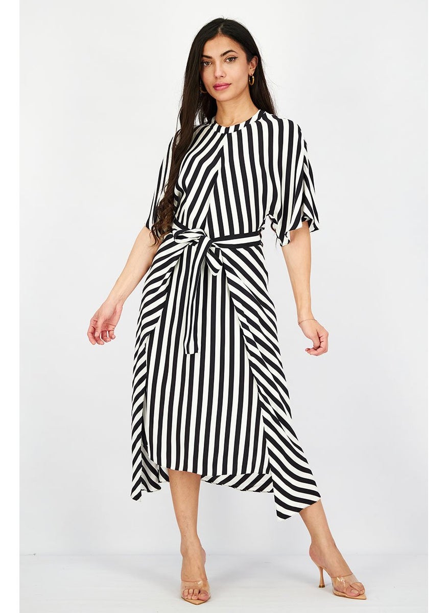 STELLA MCCARTNEY - Women Crew Neck Shorts Sleeve Stripe Midi Dress, White and Black - Image 1