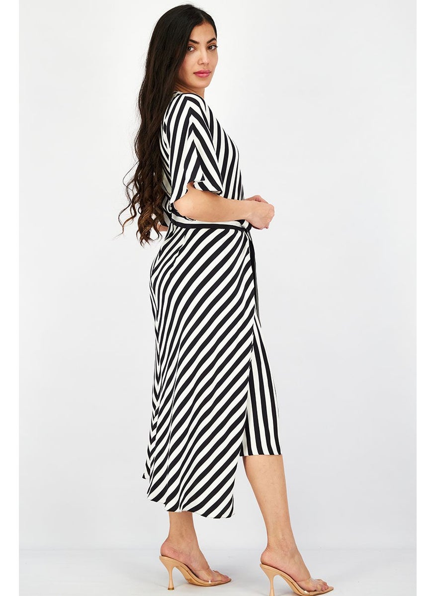 STELLA MCCARTNEY - Women Crew Neck Shorts Sleeve Stripe Midi Dress, White and Black - Image 1