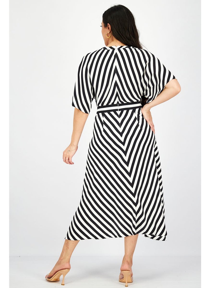 STELLA MCCARTNEY - Women Crew Neck Shorts Sleeve Stripe Midi Dress, White and Black - Image 1
