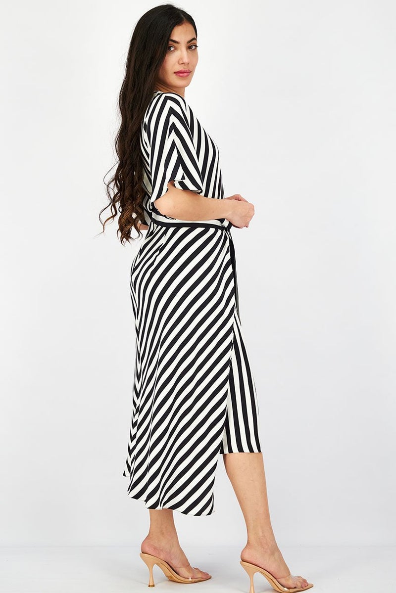 STELLA MCCARTNEY Women Crew Neck Shorts Sleeve Stripe Midi Dress, White and Black  - Image 3