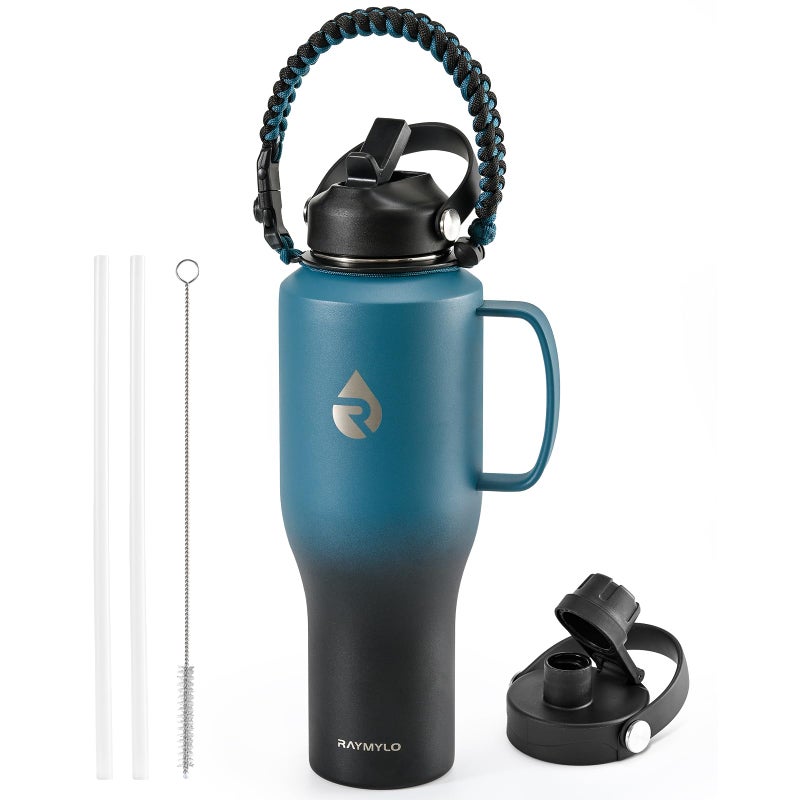 RAYMYLO Insulated Water Bottle 40oz Cold for 48 Hrs Stainless Steel Water Bottle with Handle Straw Lid Paracord Handle Triple Wall Vacuum Leakproof Travel Flask Fit in Any Car Cup Holder