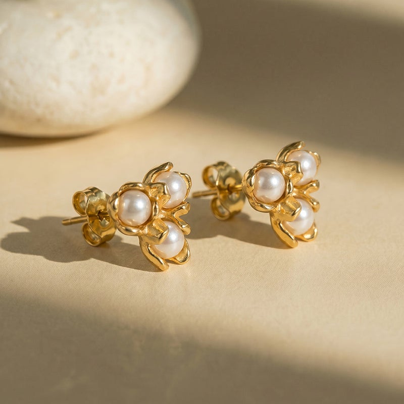 Palmonas 18K Gold Tone Plated Vintage Pearl Bloom Stud Earrings For Women - Waterproof & Anti-Tarnish - Image 3
