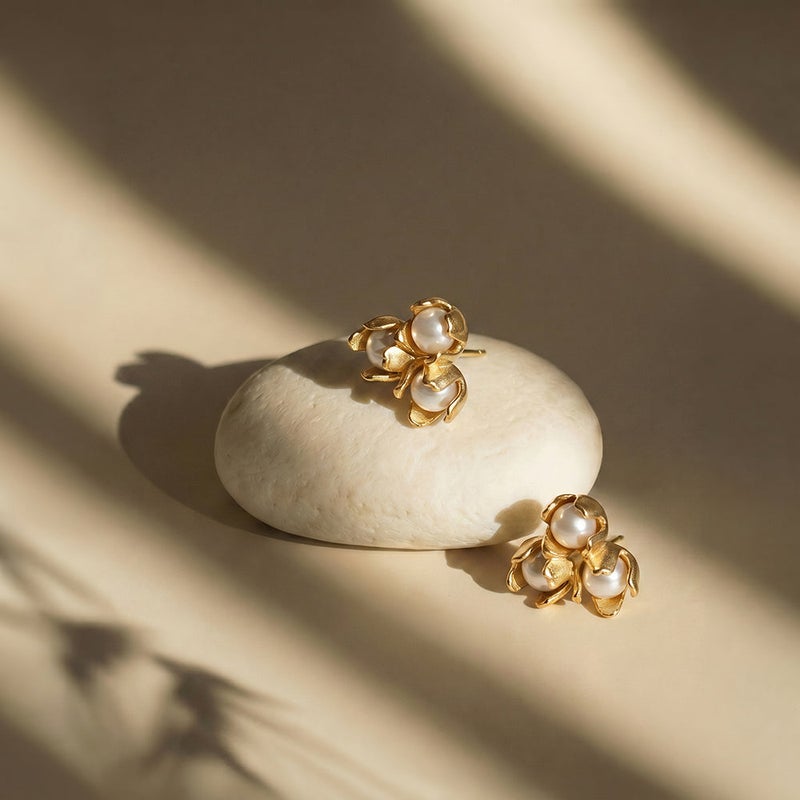 Palmonas 18K Gold Tone Plated Vintage Pearl Bloom Stud Earrings For Women - Waterproof & Anti-Tarnish - Image 2