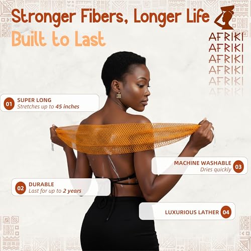 AFRIKI African Net Sponge, Premium Authentic Exfoliating Body Scrubber, Extra Long Stretch Bath Sponge for Shower, Deep Exfoliating Washcloth for Smooth Skin, 1 Pack (Burnt Orange) - Image 3