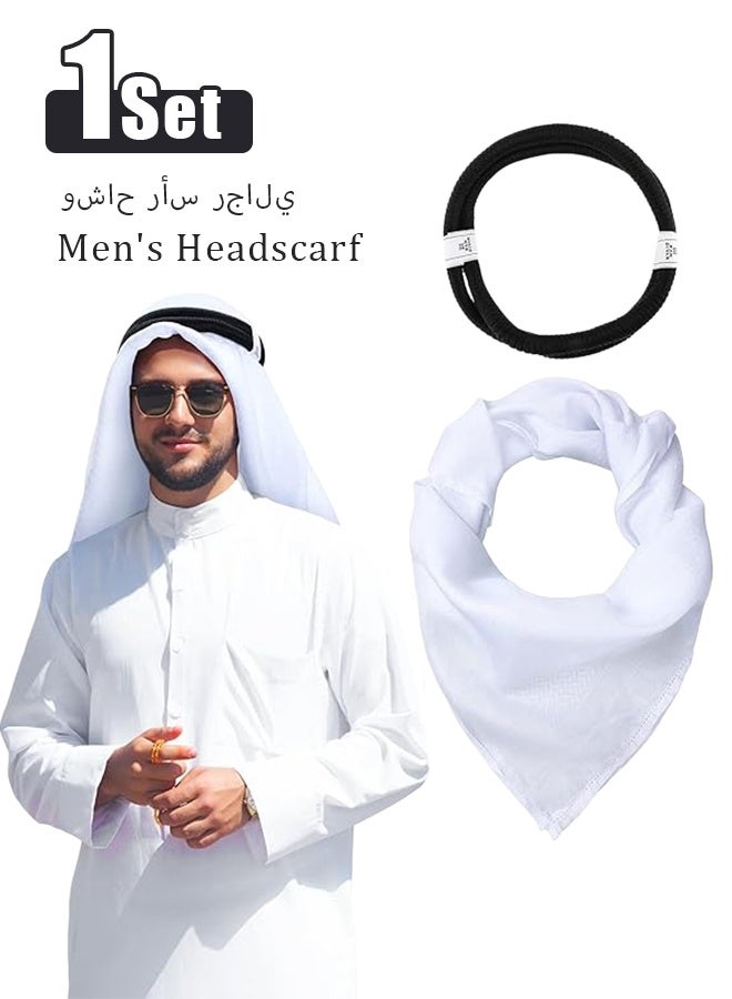 Men Headscarf with Aqel Rope, Arab Keffiyeh Shemagh Turban,Desert Keffiyeh Casual Headwear Scarf Neck Wrap Head Cover Turban Cap, White - Image 1