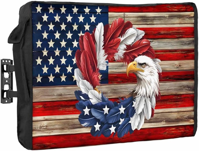 Vintage American Flag Outdoor TV Cover 70 to 75 Inches Weatherproof Waterproof Eagle Wreath Enclosure with Remote Control Pocket Blue Red - Image 1