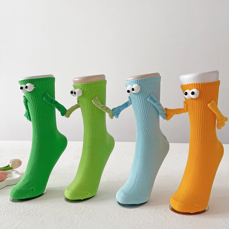 Dopamine Candy Color Couple Holding Hands Socks with Magnetic Pull Mid-Calf Women Pink Cute Love Socks - Image 3