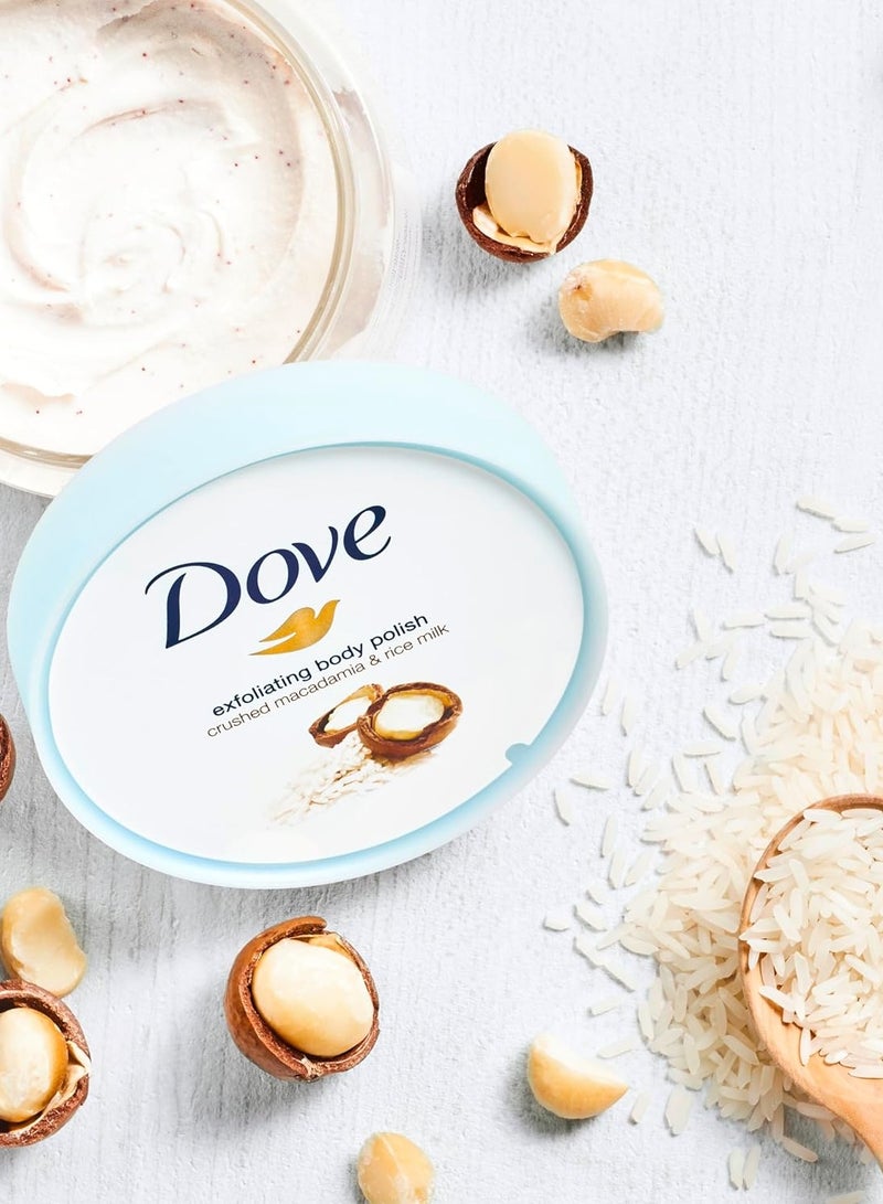 Dove Exfoliating Body Polish Scrub Macadamia And Rice Milk With Moisturising Cream 225 ML - Image 2