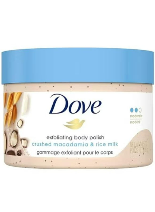 Dove Exfoliating Body Polish Scrub Macadamia And Rice Milk With Moisturising Cream 225 ML - Image 1