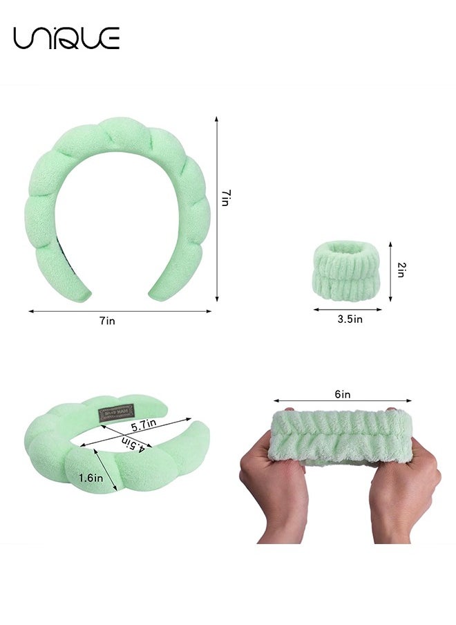 Unique Sponge Spa Headband for Women, Spa Terry Towel Cloth Fabric Head Band with 2PCS Wrist Washband, Soft & Absorbent Material Hair Accessories for Face Washing Shower Skincare Makeup Removal (Green)  - Image 3
