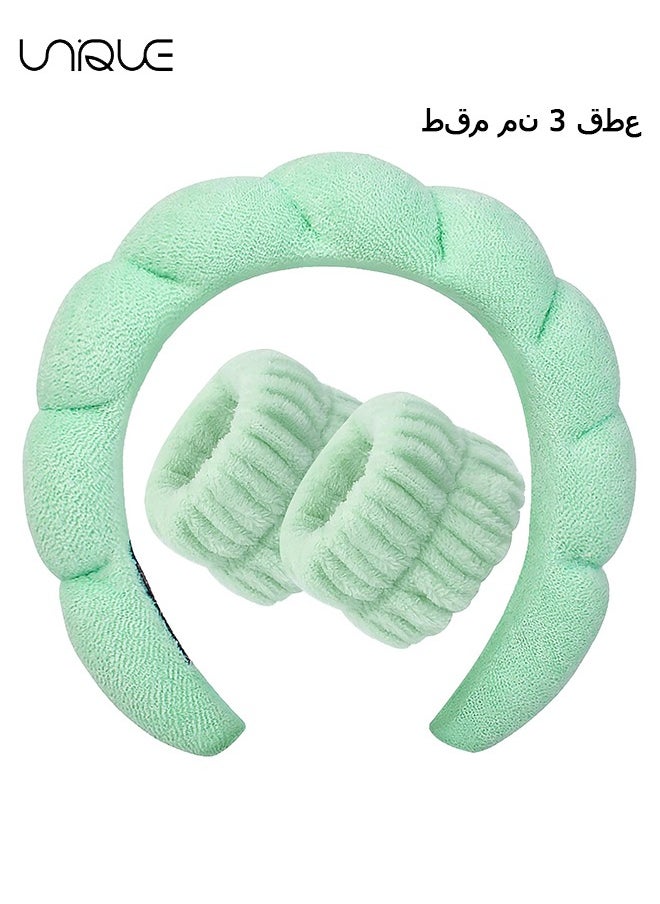 Unique Sponge Spa Headband for Women, Spa Terry Towel Cloth Fabric Head Band with 2PCS Wrist Washband, Soft & Absorbent Material Hair Accessories for Face Washing Shower Skincare Makeup Removal (Green)  - Image 1