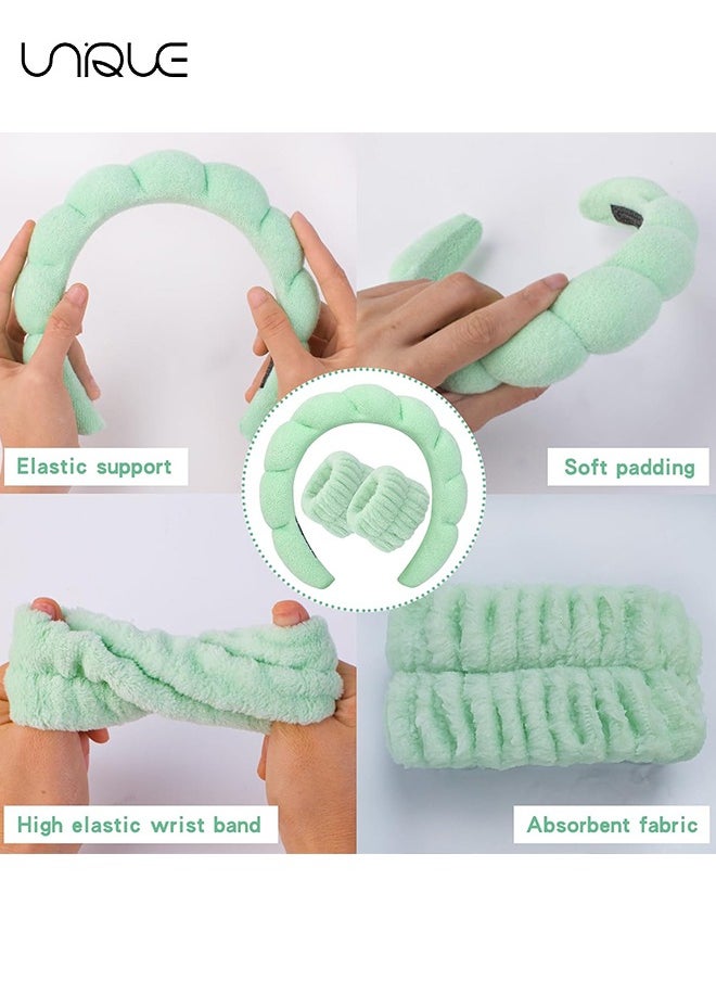 Unique Sponge Spa Headband for Women, Spa Terry Towel Cloth Fabric Head Band with 2PCS Wrist Washband, Soft & Absorbent Material Hair Accessories for Face Washing Shower Skincare Makeup Removal (Green)  - Image 4