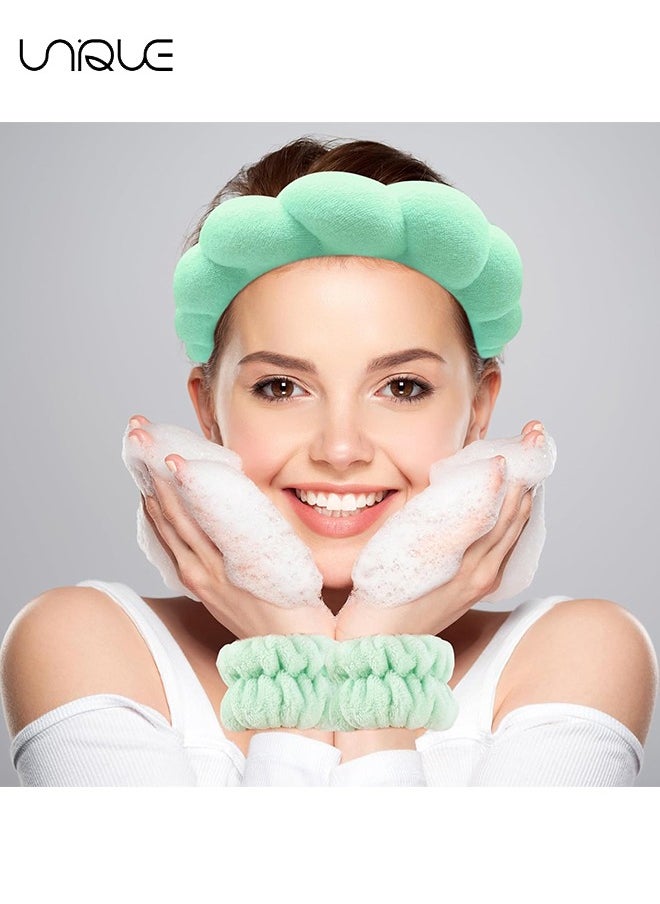 Unique Sponge Spa Headband for Women, Spa Terry Towel Cloth Fabric Head Band with 2PCS Wrist Washband, Soft & Absorbent Material Hair Accessories for Face Washing Shower Skincare Makeup Removal (Green)  - Image 2