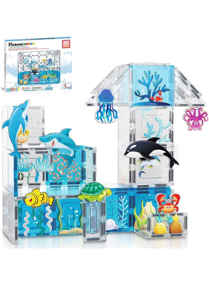 PicassoTiles Magnetic Tiles Aquarium Marine Animal Set 52-Pieces | STEM Toys | Educational Toy Set | Stacking Blocks | Enhance Problem-solving Skills & Fine Motor Skills | Improves Coordination & Creativity | Gift for Kids and Toddlers | Construction Building Set for Child Brain Development - Image 1