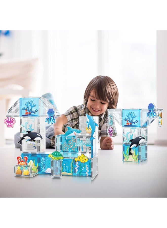 PicassoTiles Magnetic Tiles Aquarium Marine Animal Set 52-Pieces | STEM Toys | Educational Toy Set | Stacking Blocks | Enhance Problem-solving Skills & Fine Motor Skills | Improves Coordination & Creativity | Gift for Kids and Toddlers | Construction Building Set for Child Brain Development - Image 2
