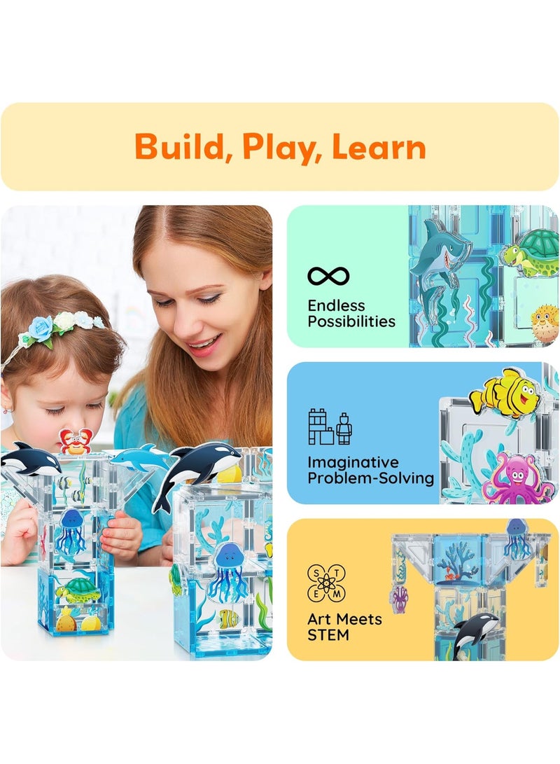 PicassoTiles Magnetic Tiles Aquarium Marine Animal Set 52-Pieces | STEM Toys | Educational Toy Set | Stacking Blocks | Enhance Problem-solving Skills & Fine Motor Skills | Improves Coordination & Creativity | Gift for Kids and Toddlers | Construction Building Set for Child Brain Development - Image 3