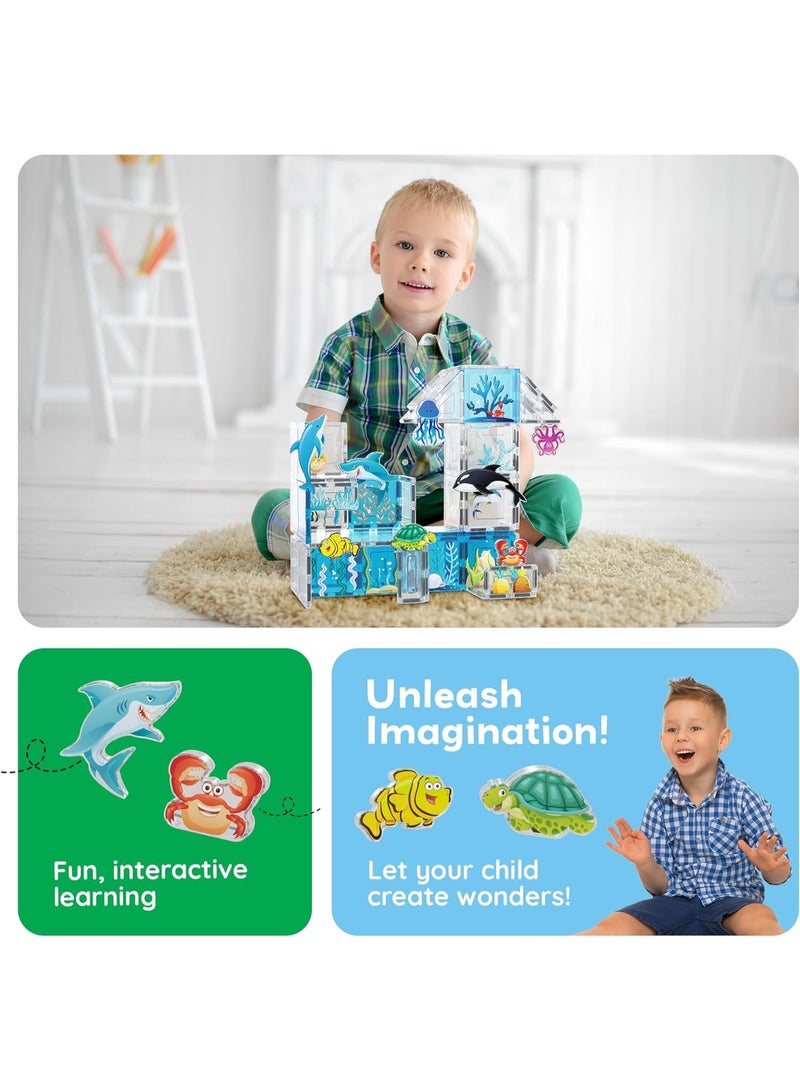 PicassoTiles Magnetic Tiles Aquarium Marine Animal Set 52-Pieces | STEM Toys | Educational Toy Set | Stacking Blocks | Enhance Problem-solving Skills & Fine Motor Skills | Improves Coordination & Creativity | Gift for Kids and Toddlers | Construction Building Set for Child Brain Development - Image 4