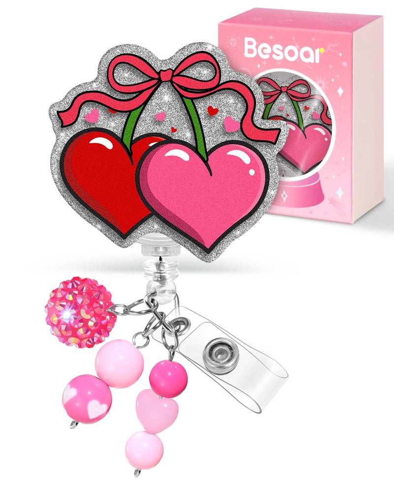 Besoar Valentine Badge Reel Holder Clip - Cute Heart Pink Cherries Retractable ID Name Card Badge Reel with Charm Alligator Clip, Office Nurse Nursing Medical Worker Student Accessories Gifts - Image 1