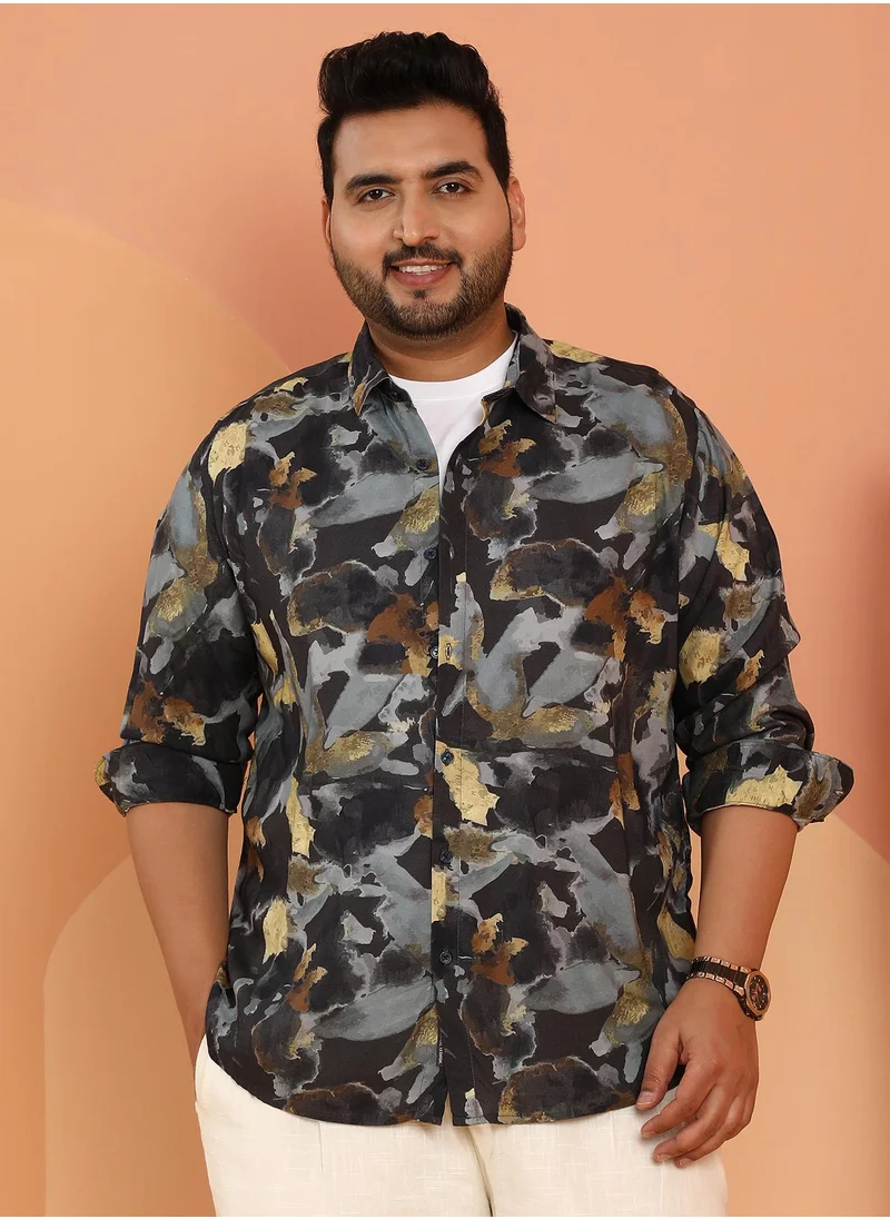 انستافاب بلس Instafab Plus Men's Black & Grey Metallic-Stained Floral Shirt For Casual Wear | Spread Collar | Long Cuffed Sleeves | Button Closure | Plus Size Shirt Crafted With Comfort Fit For Everyday Wear