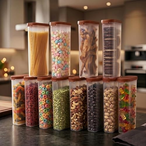 Mahaware 12pc Modular Mini Oval Kitchen Storage Box Set, 425ml | Airtight Grain Plastic Container for Masala & Spices | Multipurpose Jars and Containers for Pantry Organization, Brown - Image 1