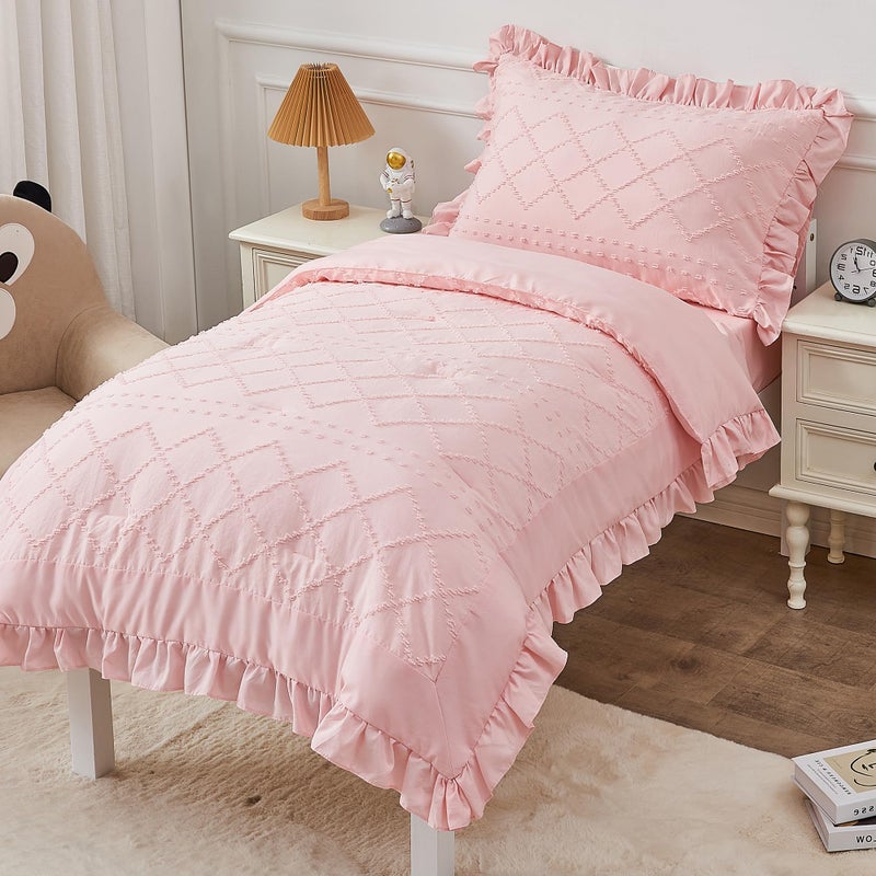 Cozyholy 4 Piece Boho Tufted Toddler Bedding Set for Girls Pink Ruffle Crib Bed Sheets Set Soft Jacquard Embroidery Toddler Comforter Set Bed in a Bag  Include Comforter Flat Sheet Fitted Sheet Pillowcase