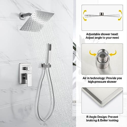 DEOLER Rain Shower System with Handheld Shower, 10 Inch Wall Mounted Shower Faucet Set Bathroom Luxury Rain Mixer Shower Combo Set Rough-in Valve and Trim Kit, Brushed Nickel - Image 2