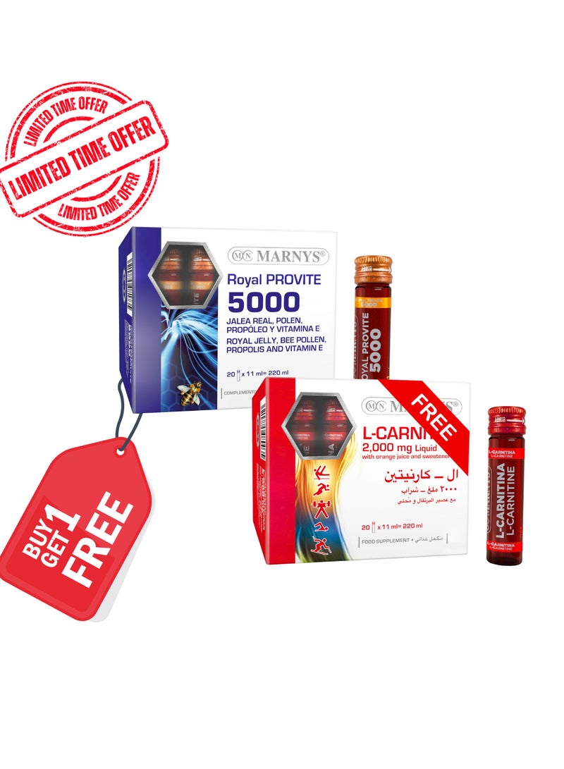 Marnys Royal Provite 5000 - Natural Energy & Immune Support with Concentrated Royal Jelly - Propolis - Bee Pollen - Vitamin E - 20 Drinkable Vials + L-Carnitine for Free - Image 1