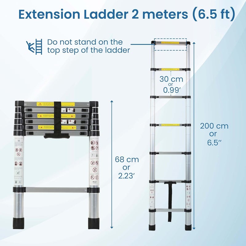 AGARO 2.0m (6.5 ft) Aluminium Telescopic Ladder, 7 Steps Foldable Ladder, EN131 Certified, Lightweight, Collapsible, Max Load up to 150 Kgs, 2 Meters, 6.5 ft - Image 2