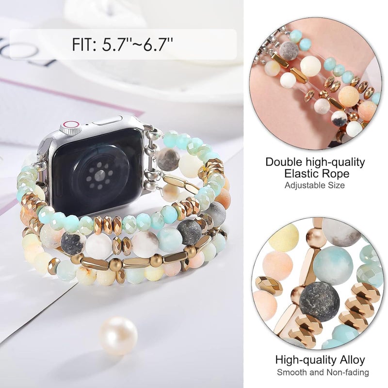 VISOOM Beaded Boho Bracelet Compatible for Apple Watch Band 40mm/38mm/41mm/42mm Series 11 10 9 8 7 SE Series 6/5/4 Women Fashion Cute Handmade Crystal Beads Stretchy Watch Strap for iWatch Bands 3/2/1 - Image 2