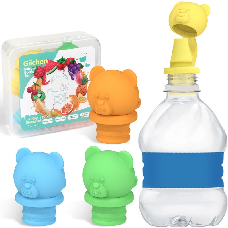 Giichen No Spill Water Bottle Caps - BPA Free Silicone Top Protects Child's Mouth, Replacement Spout Adapter for Toddlers to Adults - 4 Pack (Blue, Green, Yellow, Orange) - Image 1