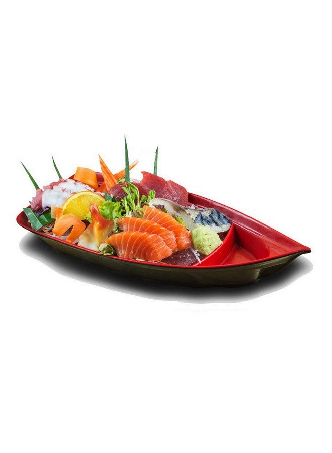 Happy Sales HSSB-10RB, Sushi Boat Shape Plate Sushi Sashimi Serving Plate Melamine Plastic Tray 10 x 4.5 Inch (Red Black) - Image 1