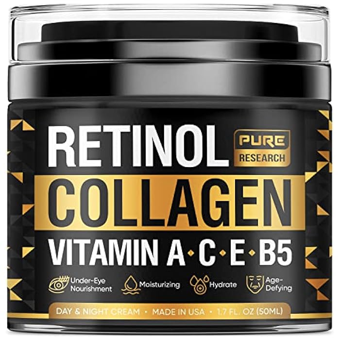 PURE RESEARCH Retinol Face Cream – Natural Anti-Wrinkle Cream – Anti-Aging Facial Moisturizer with Collagen & Hyaluronic Acid - Hydrate, Renew and Protect Your Skin 1.7oz - Image 1