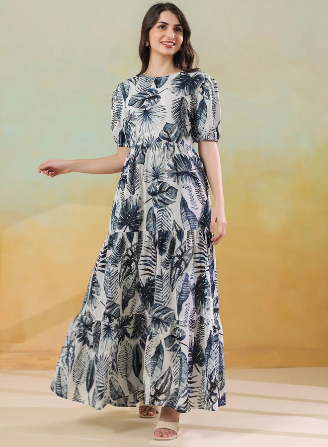 sanskrutihomes Sanskrutihomes Floral Print Puff Sleeves Tiered Maxi Dress with Back Tie