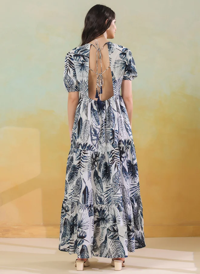 sanskrutihomes Sanskrutihomes Floral Print Puff Sleeves Tiered Maxi Dress with Back Tie