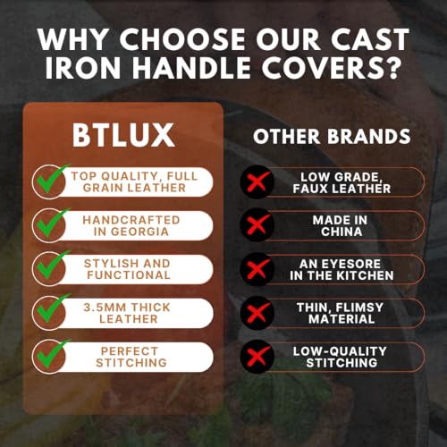 BTLUX Proudly Made in Georgia from Full Grain Leather - Leather Cast Iron Handle Cover, Set of 2 - Heat Resistant Cast Iron Handle Sleeve for Skillets - Pot Holder for Hot Frying Pans, Pots - Image 2