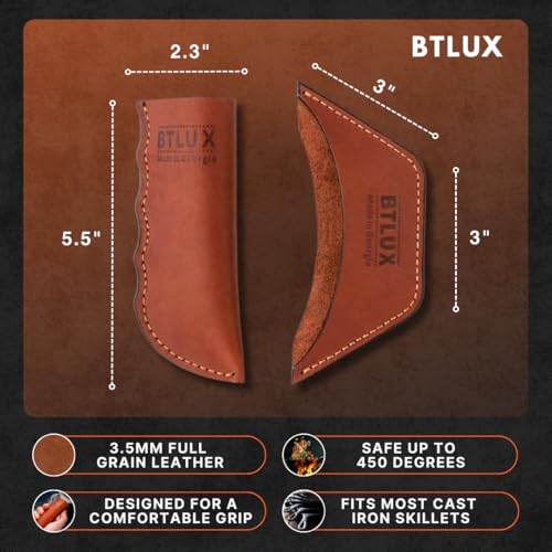 BTLUX Proudly Made in Georgia from Full Grain Leather - Leather Cast Iron Handle Cover, Set of 2 - Heat Resistant Cast Iron Handle Sleeve for Skillets - Pot Holder for Hot Frying Pans, Pots - Image 3