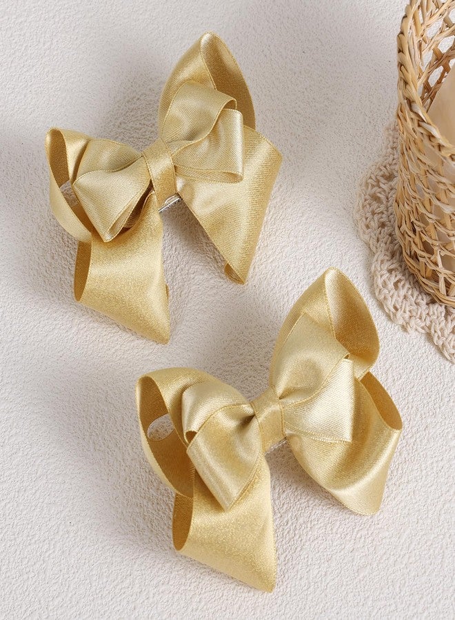 Miroksh 4" Glitter Gold Ribbon Hair Bow Clips Barrettes Big Bowknot Alligator Pins for Teen Toddler Girls Kids School Graduation Wedding Dance Party Accessories Xmas Gift in Pairs - Image 2