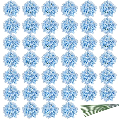 JPSOR 40pcs Artificial Hydrangea Silk Flower Heads with Stems, Fake Flowers for Wedding Centerpiece Home Garden Party Decoration (Blue) - Image 1