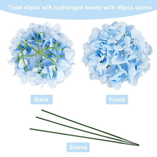 JPSOR 40pcs Artificial Hydrangea Silk Flower Heads with Stems, Fake Flowers for Wedding Centerpiece Home Garden Party Decoration (Blue) - Image 2