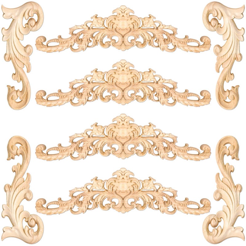Chunful 8 Pcs Wood Appliques Decorative and Onlays for Furniture Carved Onlays DIY Decorative Long Wood Carving Appliques for Door Decor 2 Sizes 