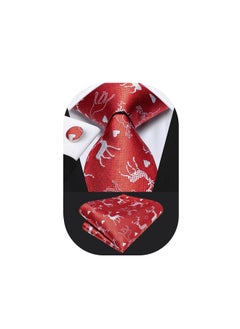 Mens Christmas Tie Festive Necktie And Handkerchief Cufflinks Sets With Gift Box Xmas Holiday Neckties,Self Red Sliver