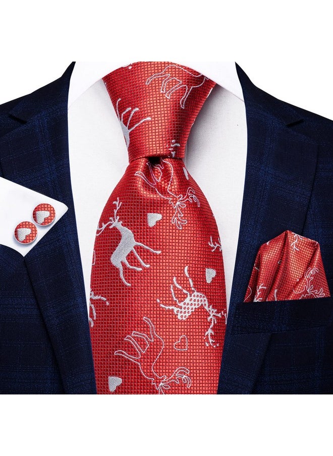 Hi-Tie - Mens Christmas Tie Festive Necktie And Handkerchief Cufflinks Sets With Gift Box Xmas Holiday Neckties,Self Red Sliver - Image 1