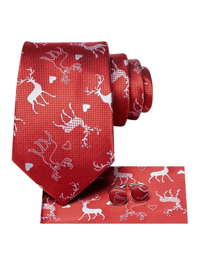 Hi-Tie - Mens Christmas Tie Festive Necktie And Handkerchief Cufflinks Sets With Gift Box Xmas Holiday Neckties,Self Red Sliver - Image 1