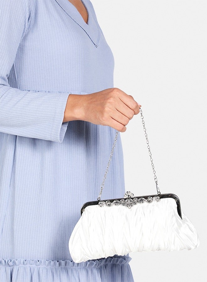 Classical Pleated Satin Wedding Bridal Clutch Handbag Metal Frame Women Party Prom Purse Rhinestone Diamond Evening Bags White - Image 5