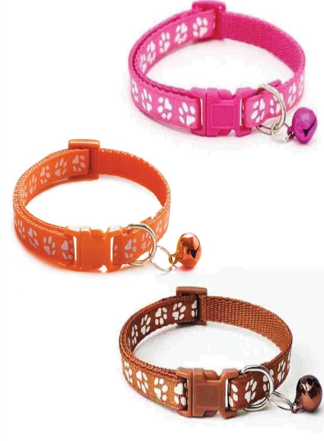 Litvibes Cat Collars Set of 3 with Bell,Kitten & Small Dogs Soft Adjustable Collar Safe,Solid & Protection Breakaway for Cats & Puppies,Cute Kitty with Paw Print-(Orange,Dark Pink,Brown) - Image 1