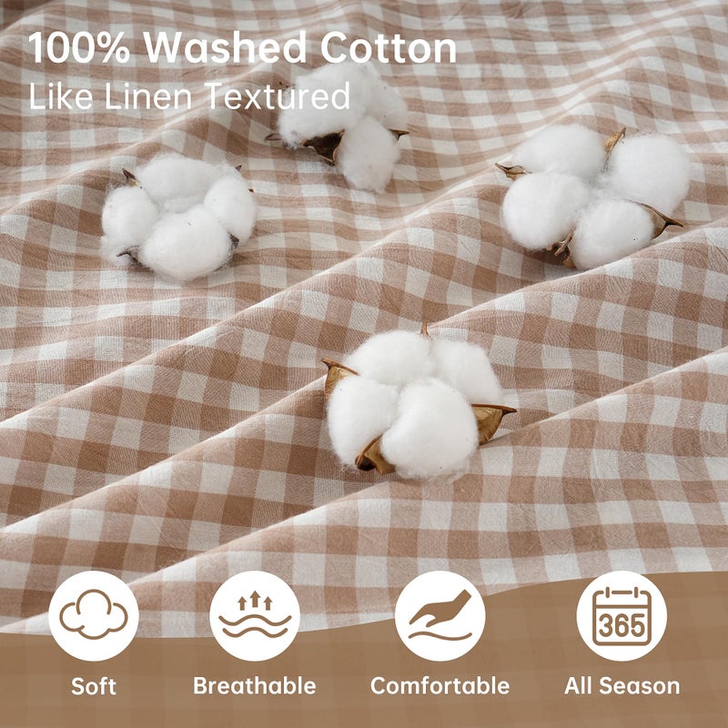 YHJWW Tan Gingham Throw Pillow Covers 100% Washed Cotton Like Linen Feel Soft Comfy Ruffle Farmhouse Fall Decorative Pillow Cases Sham Set of 2 for Couch Sofa Bed (20x20 Inches, Zipper Closure) - Image 4