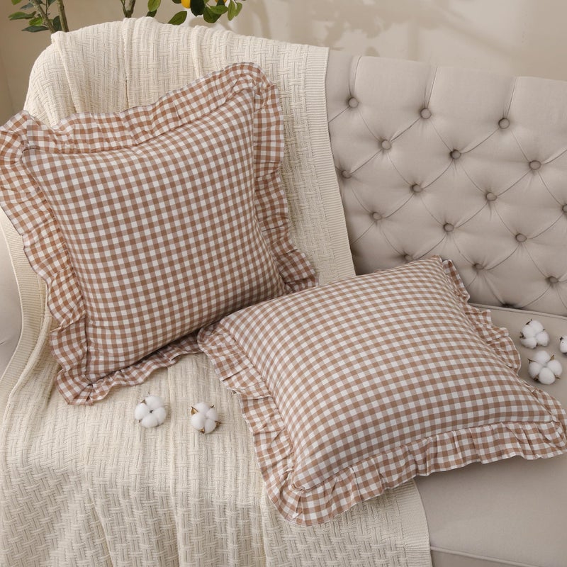YHJWW Tan Gingham Throw Pillow Covers 100% Washed Cotton Like Linen Feel Soft Comfy Ruffle Farmhouse Fall Decorative Pillow Cases Sham Set of 2 for Couch Sofa Bed (20x20 Inches, Zipper Closure) - Image 2